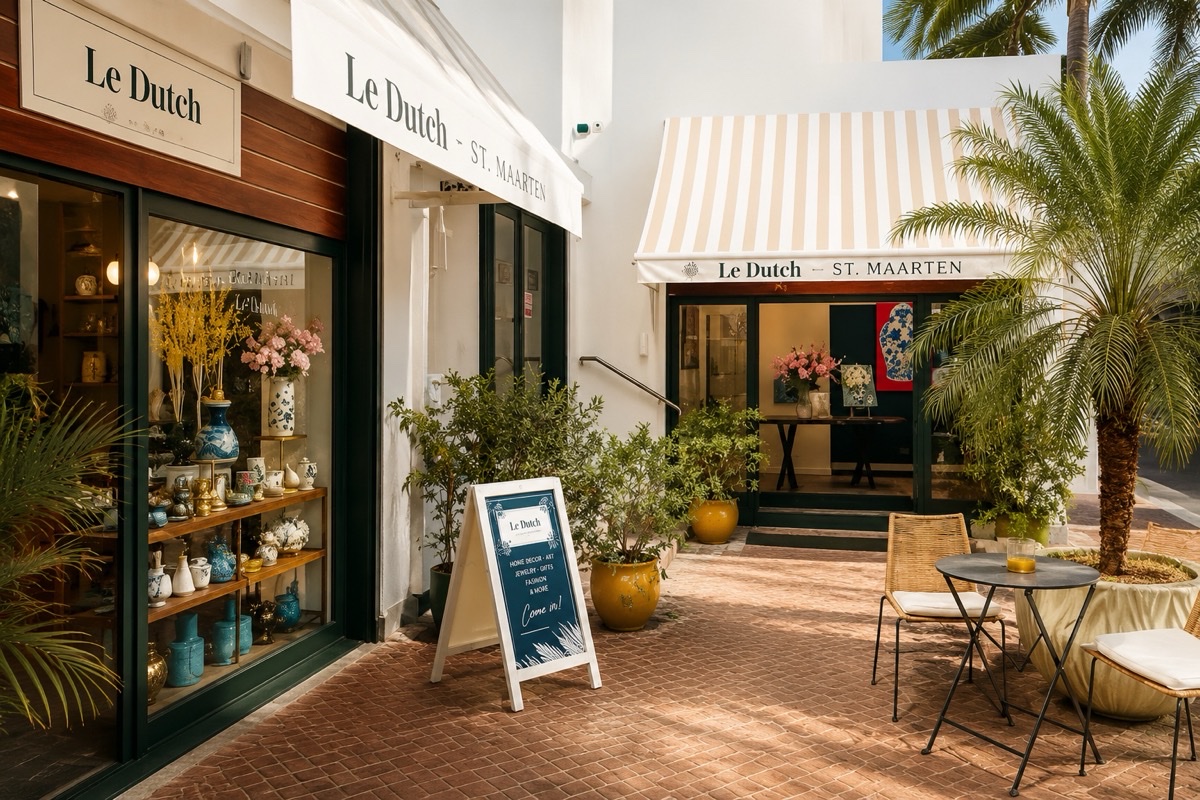 Le Dutch storefront and tropical courtyard in Philipsburg.